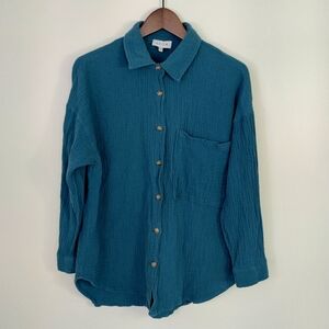 ACOA Button Front Blouse Size S/M Teal Cotton Gauze